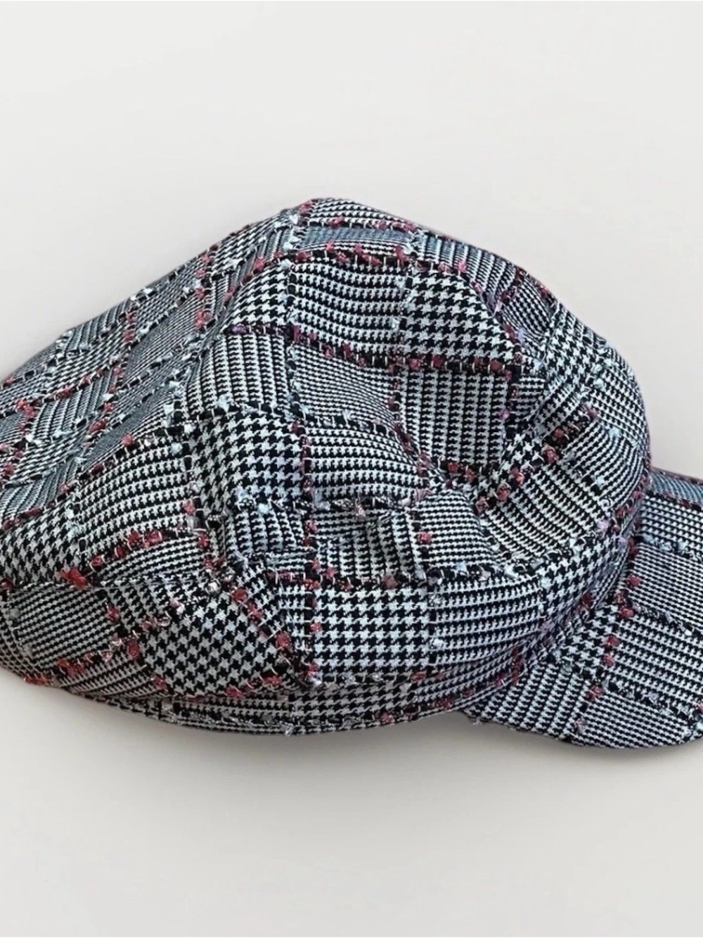 Juicy Couture Black & White Glen Plaid Newsboy Cap with Pink Stitching